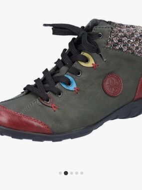 Rieker Olive Green Leather Ankle Boot with Red Accents